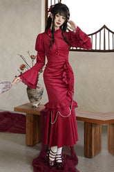 Red Long Sleeves Ruffle Embroidery Bowknot Lace Classic Chinese Style Elegant Lolita Dress